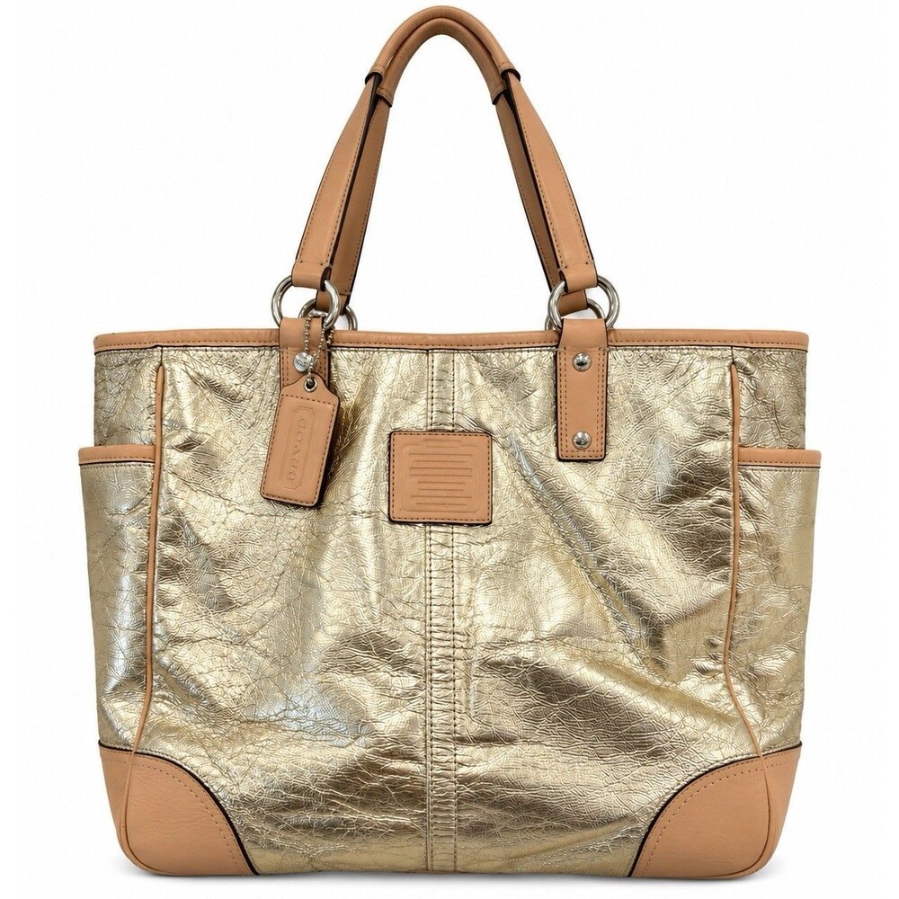 Coach Metallic Champagne Leather Large Tote Beige Trim Zip Shoulder Bag Tag